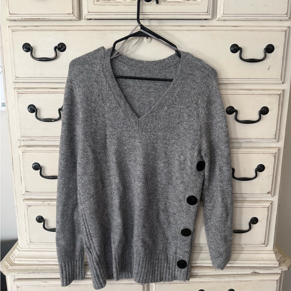 Elegant Gray V-Neck Sweater with Button Accents